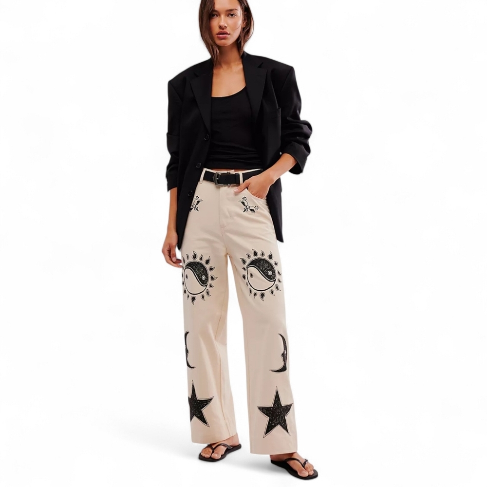 MEADOWS | L.F. Markey × Free People‎ Rebutia Cream Celestial Wide-Leg Pants SZ 0